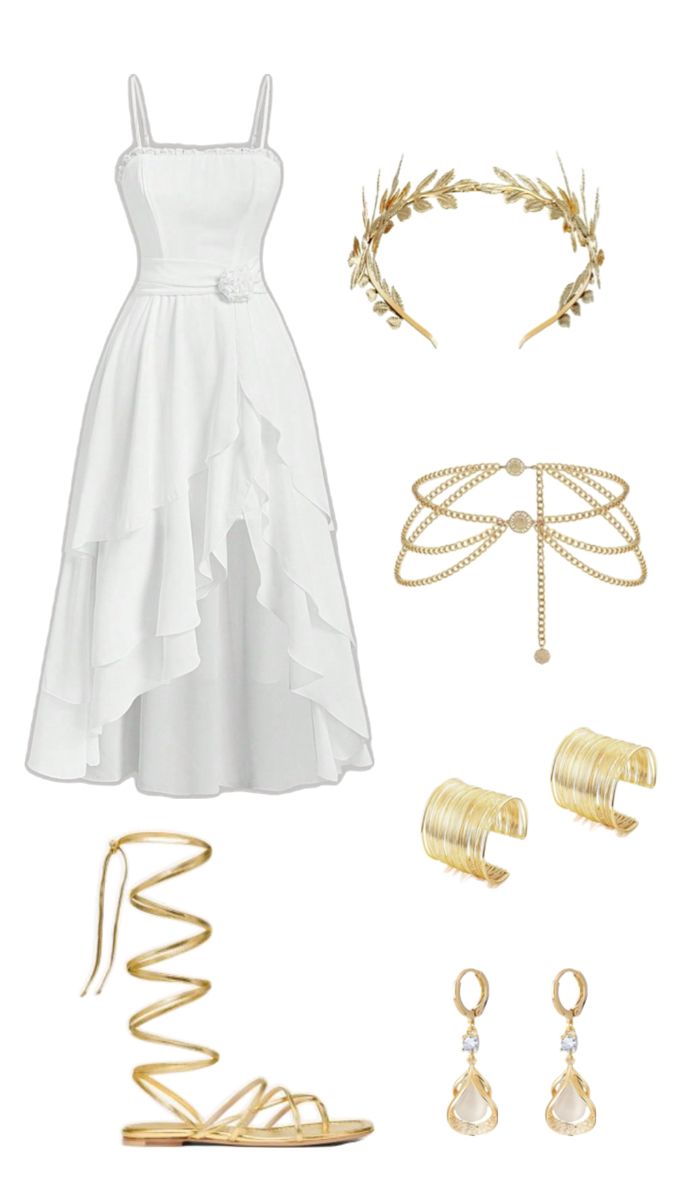 a white dress and accessories are arranged on a white background, including bracelets, rings, earrings, necklaces