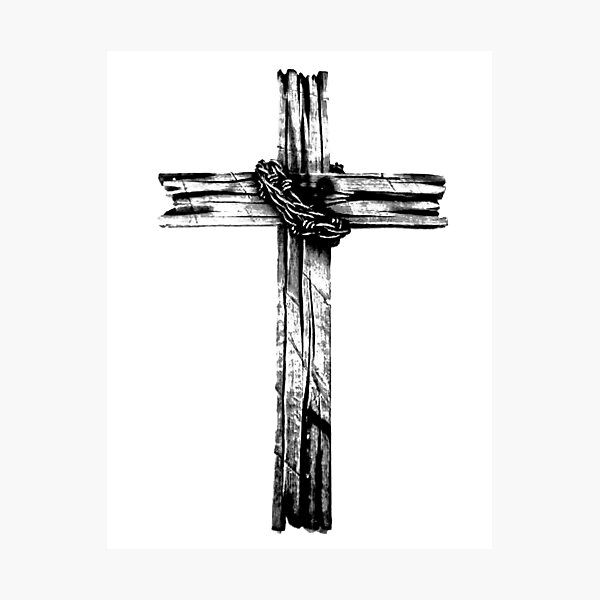 a black and white drawing of a cross with barbed wire on it's sides