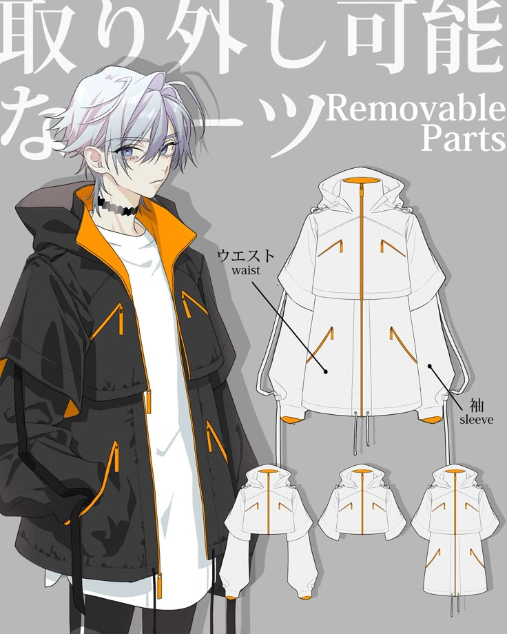 an anime character with white hair wearing a black jacket and orange hoodie, standing in front of a gray background