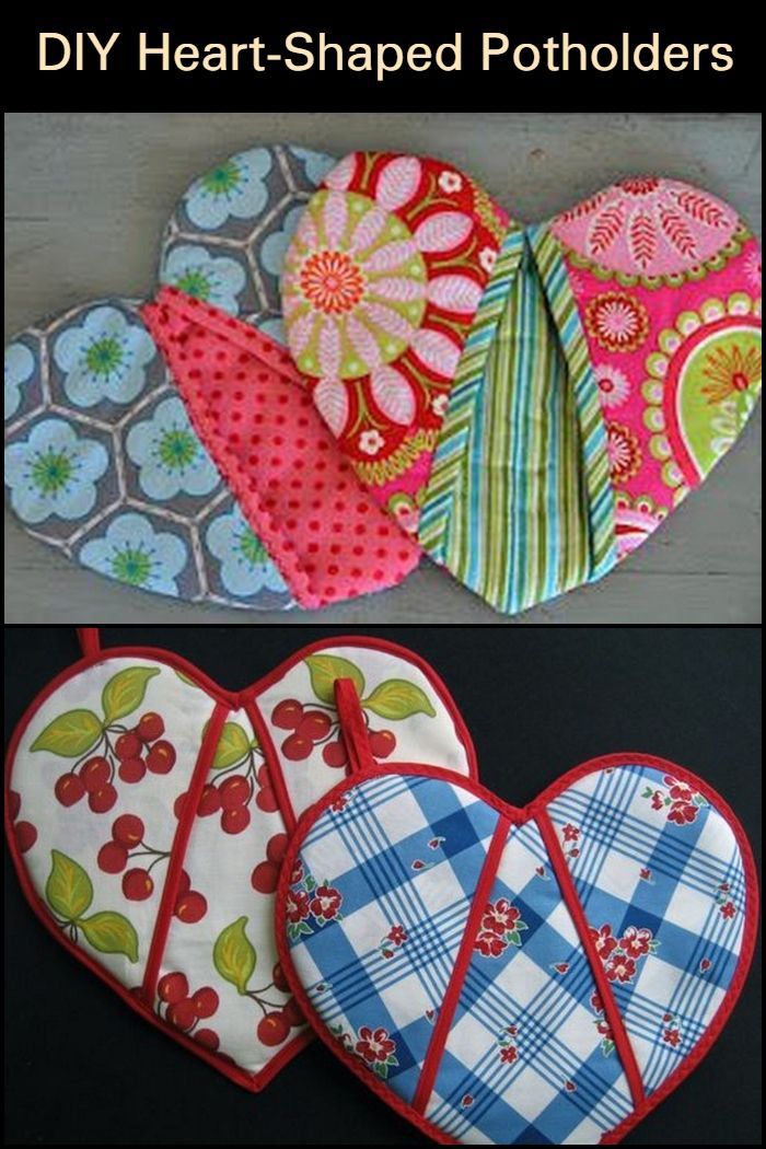 four heart shaped potholders with different designs on them and the words diy heart shaped pot holders