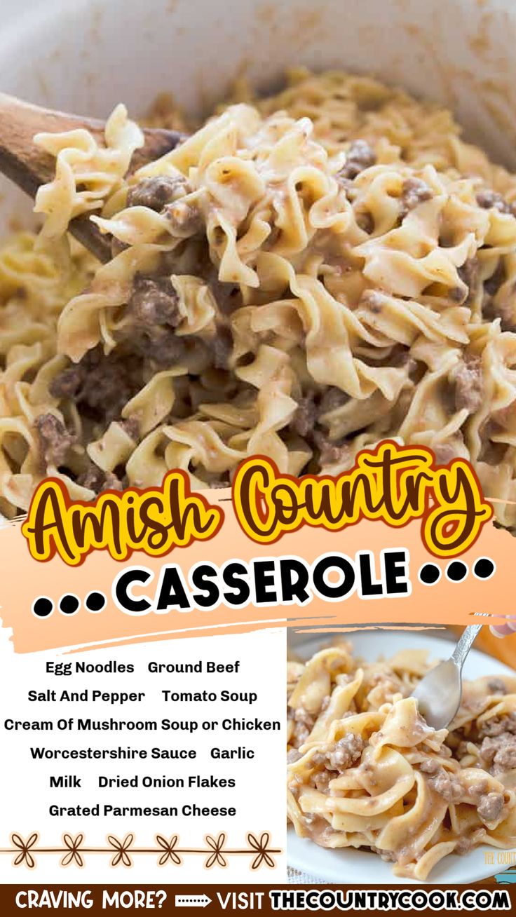 an advertisement for the amish country casserole recipe, which includes beef and noodles