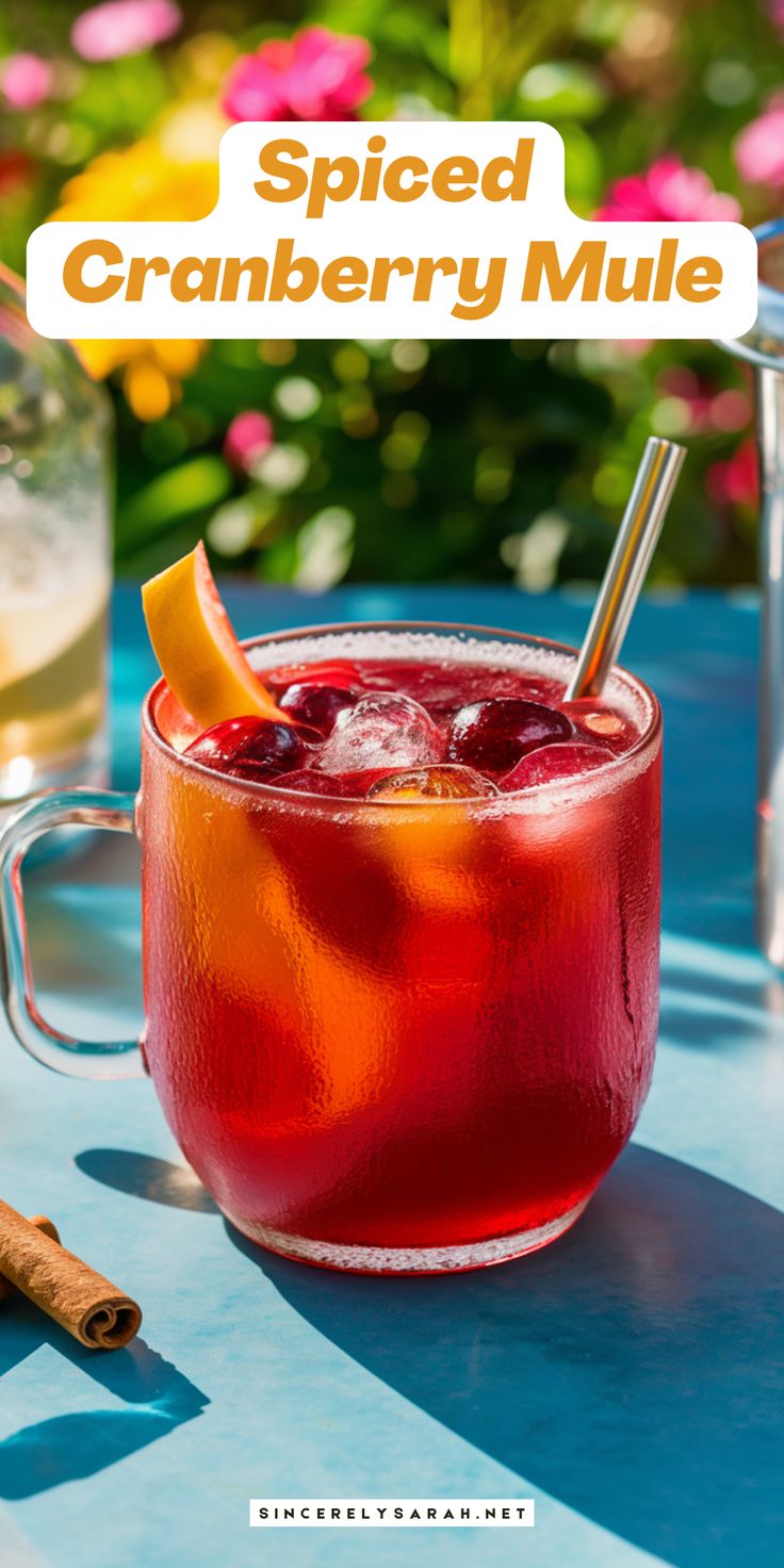 a red drink in a glass with an orange slice on the rim and cinnamon sticks sticking out of it