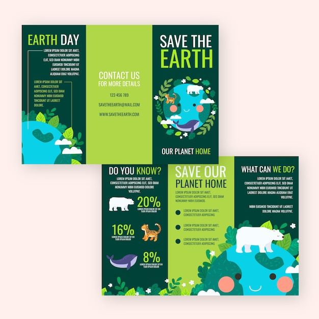 three green brochures with animals and plants on them