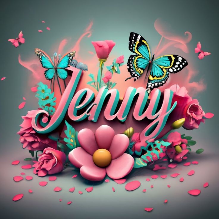 the word jenny surrounded by flowers and butterflies on a gray background with pink petals, roses, and butterflies