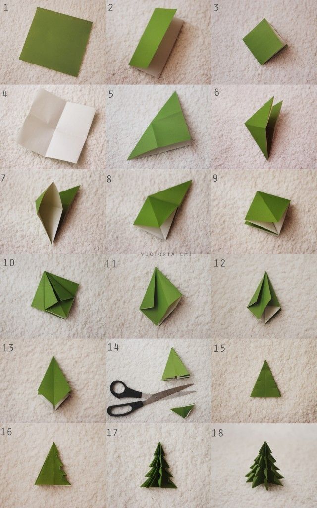 the steps to make origami christmas trees are shown with scissors and green paper