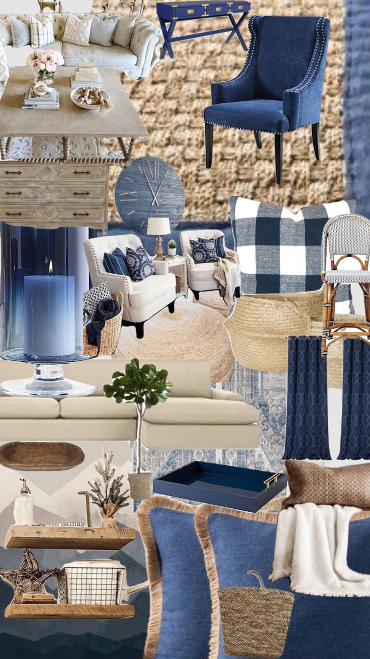 a collage of blue and white living room furniture, decorating items, and accessories