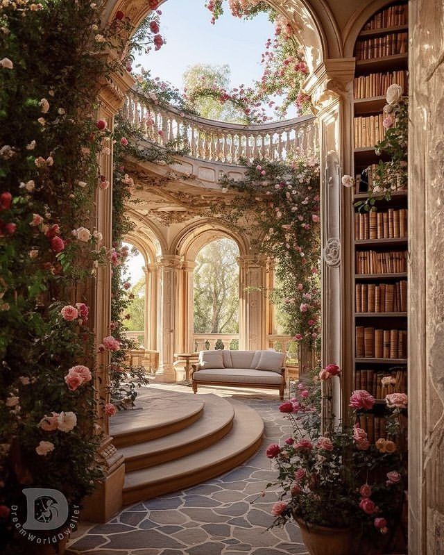 an archway leading to a sitting area with bookshelves and roses on the walls