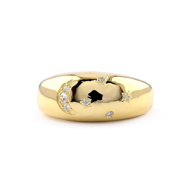 This ring is made with a Crescent Moon Ring 14K Solid Yellow Gold Ring, Natural SI Clarity G-H Color Diamond Pave Starburst Ring, Bold Ring, Chunky Ring, and Dome Ring. * SKU: SR01801_26746 * Made to Order. * Gold Purity: 14K Solid Yellow Gold (stamped) * Custom Gold Color: Yellow, Rose, White Gold * Custom Gold Purity: 9K/14K/18K (Charges Apply) * Diamond 100% Genuine Diamond * Diamond Weight: 0.08 ct. * Diamond Color: G-H * Diamond Clarity: SI1- SI2 * Diamond Cut: Brilliant Cut (Excellent) Pro Celestial Style Yellow Gold Round Ring, Celestial Style Round Cut Diamond Ring For Anniversary, Celestial Promise Ring With Single Cut Diamonds, Celestial Style Open Diamond Ring For Anniversary, Celestial Style Yellow Gold Anniversary Rings, Yellow Gold Crescent Rings For Promise, Celestial Brilliant Cut Promise Ring, Celestial Style Promise Ring With Brilliant Cut, Celestial Style Brilliant Cut Promise Ring