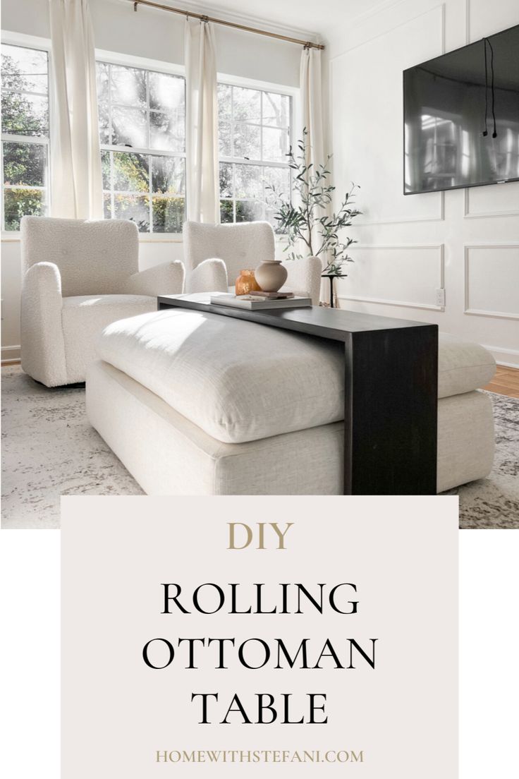 a living room with white couches and black coffee table in it, along with the words diy rolling ottoman table