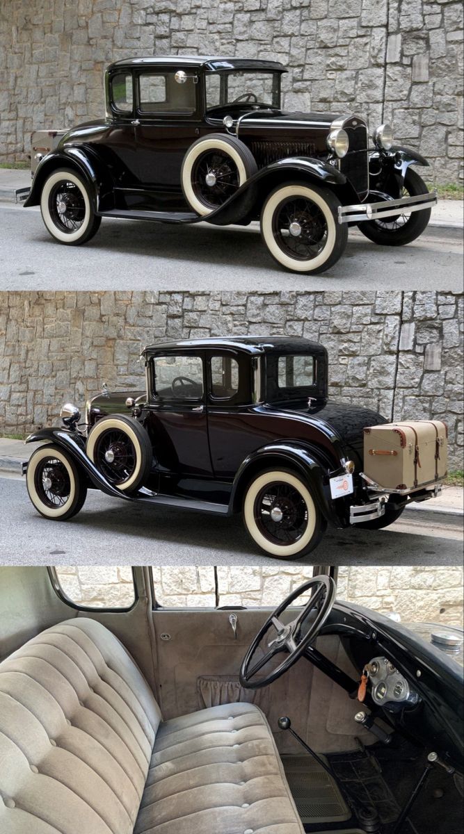 an old car is parked in front of a brick wall and another photo shows the interior