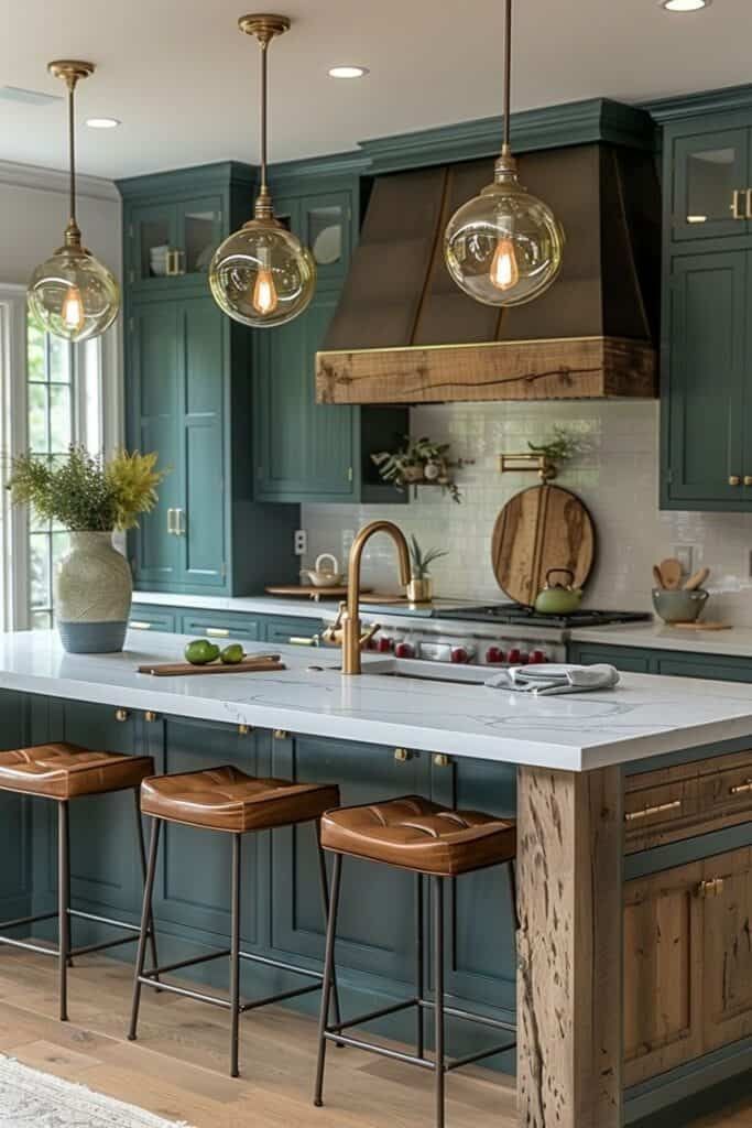 a kitchen with green cabinets and wooden stools in the center, surrounded by hanging lights