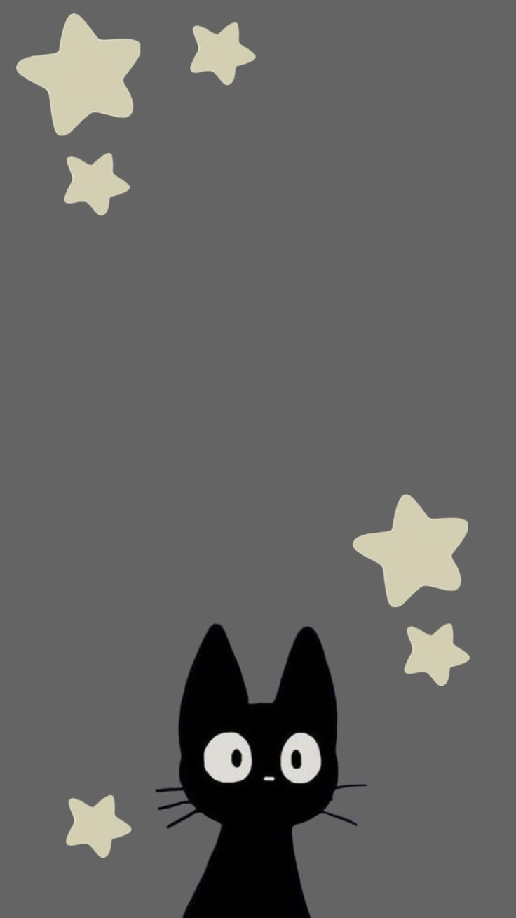 a black cat sitting on top of a floor next to white stars in the sky