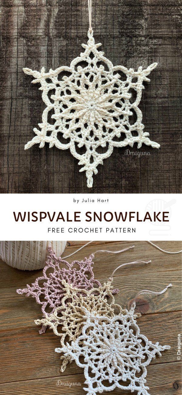 crochet snowflake pattern is shown in three different colors, including white and pink