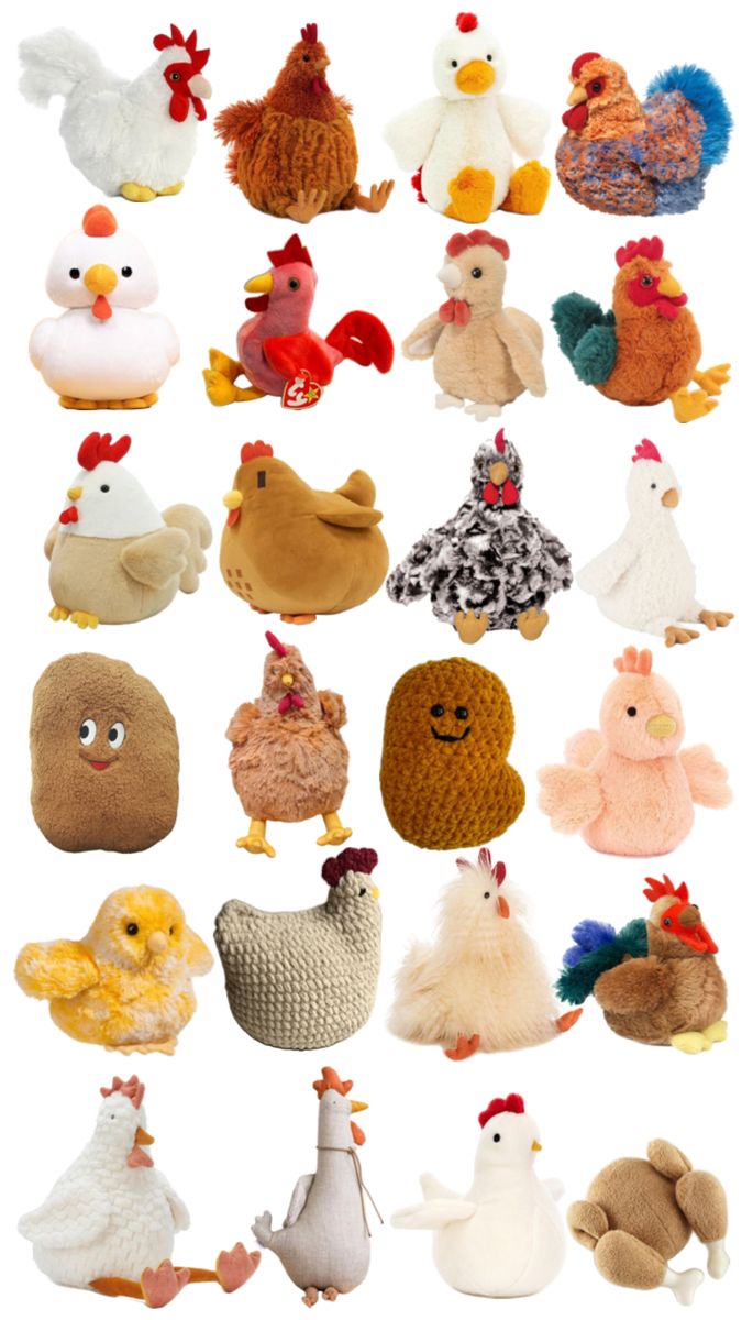 many different types of stuffed animals are arranged in rows on a white background, with one chicken standing up and the other laying down