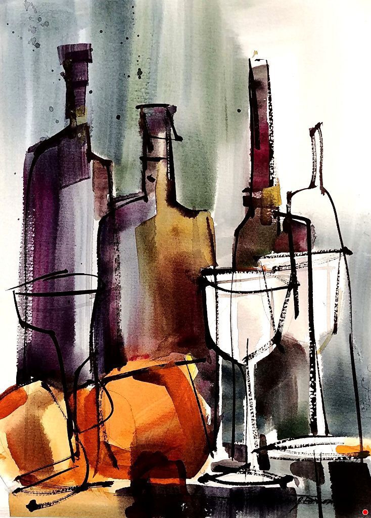 a painting of bottles and glasses on a table