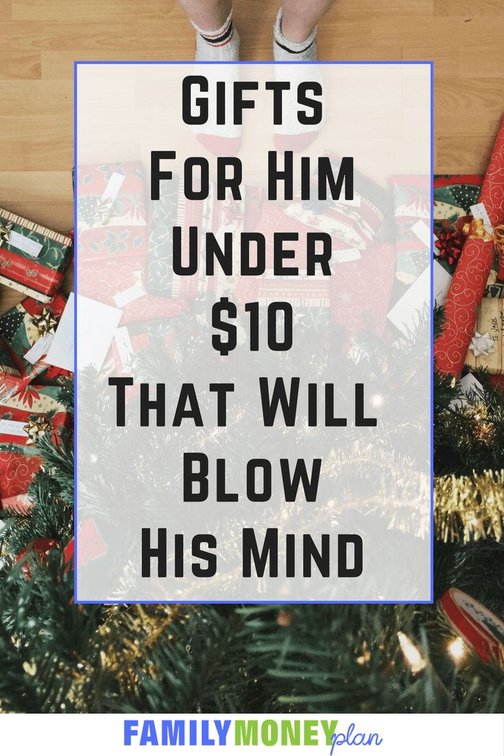 a person standing in front of a christmas tree with presents on it and the words gifts for him under $ 10 that will blow his mind