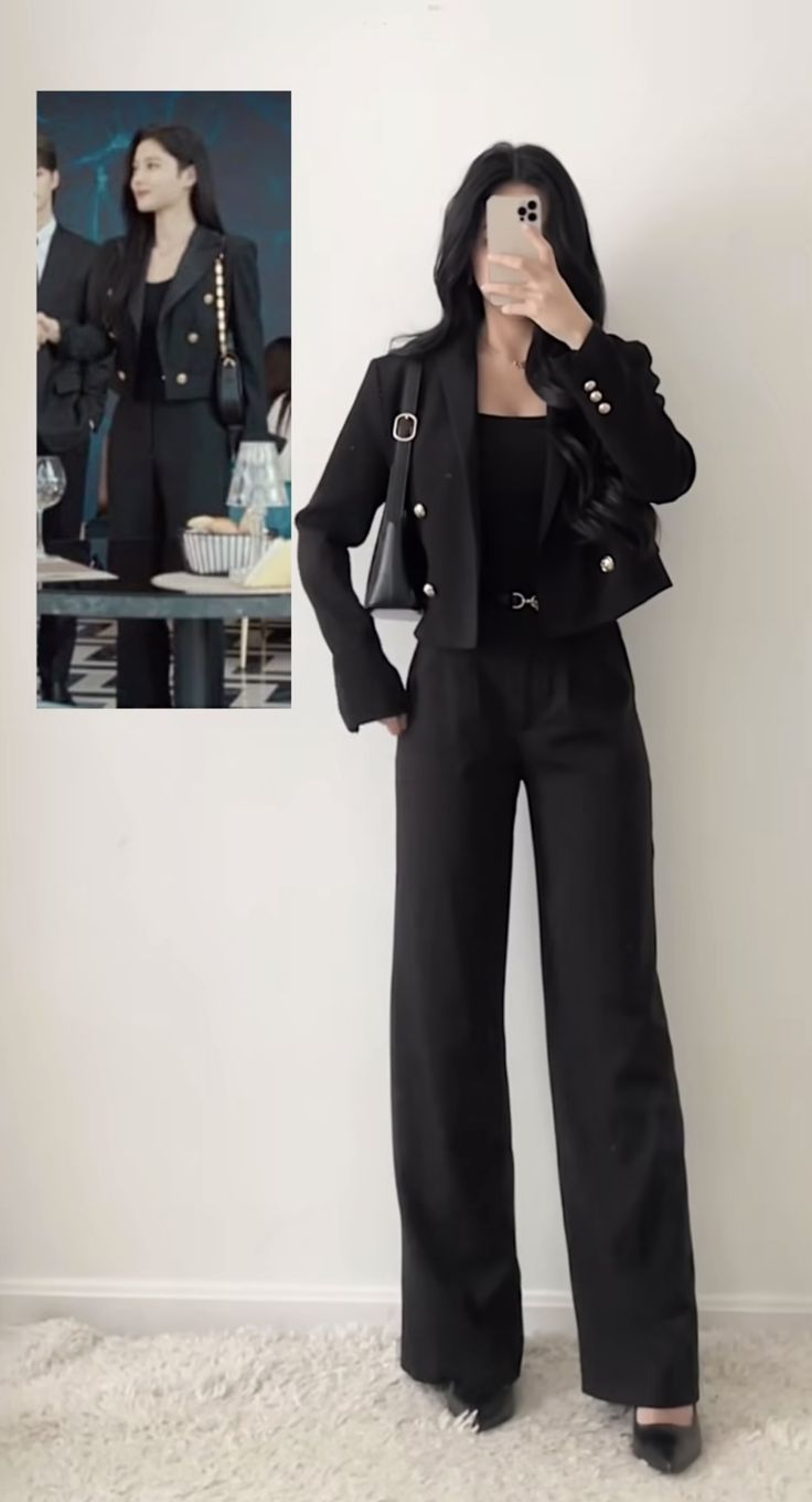 fitswithval insta Classy Casual Black Outfit, Korean Black Outfit Aesthetic, Ceo Dress Work Outfits, Glamorous Outfit Ideas, Outfit For Ceremony, Korean Business Woman Outfits, Boss Women Outfits, Outfits Elegantes Aesthetic, Korean Work Outfit Business Casual