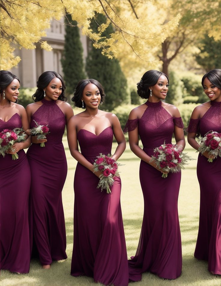 the bridesmaids are all wearing purple dresses