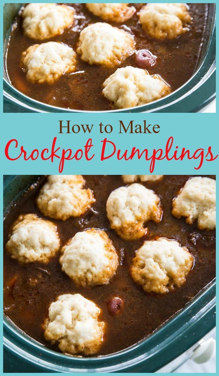 two images showing how to make crockpot dumplings in the slow cooker