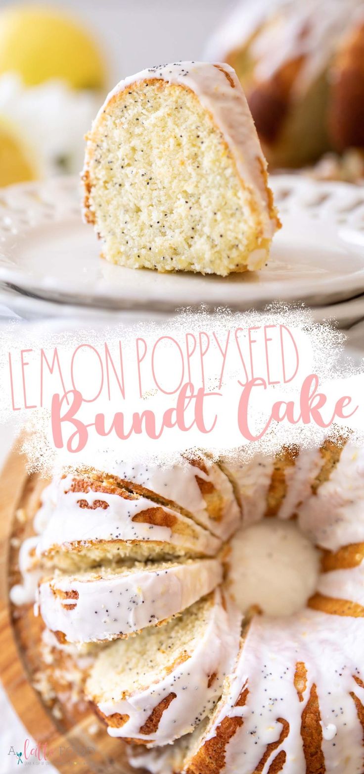 a lemon poppy seed bundt cake on a plate with the bundt cake cut in half