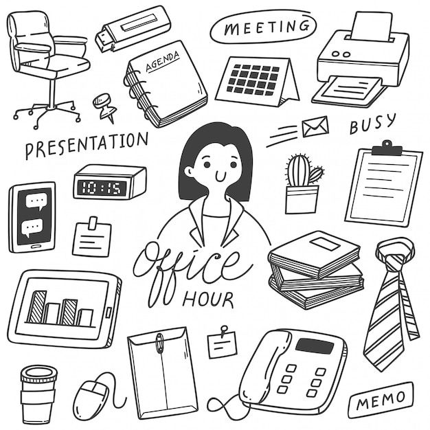 a black and white drawing of office supplies with the words, meeting, presentation, etc