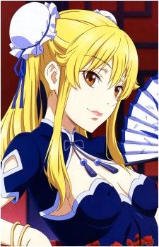 an anime character with long blonde hair holding a fan