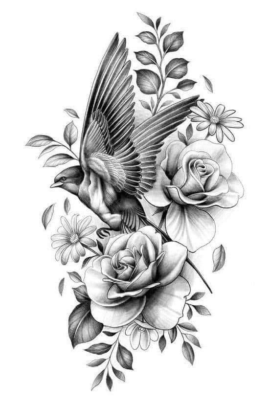 a black and white drawing of flowers with a bird flying over the roses on it