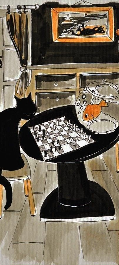 a drawing of a cat sitting at a table with a chess board in front of it