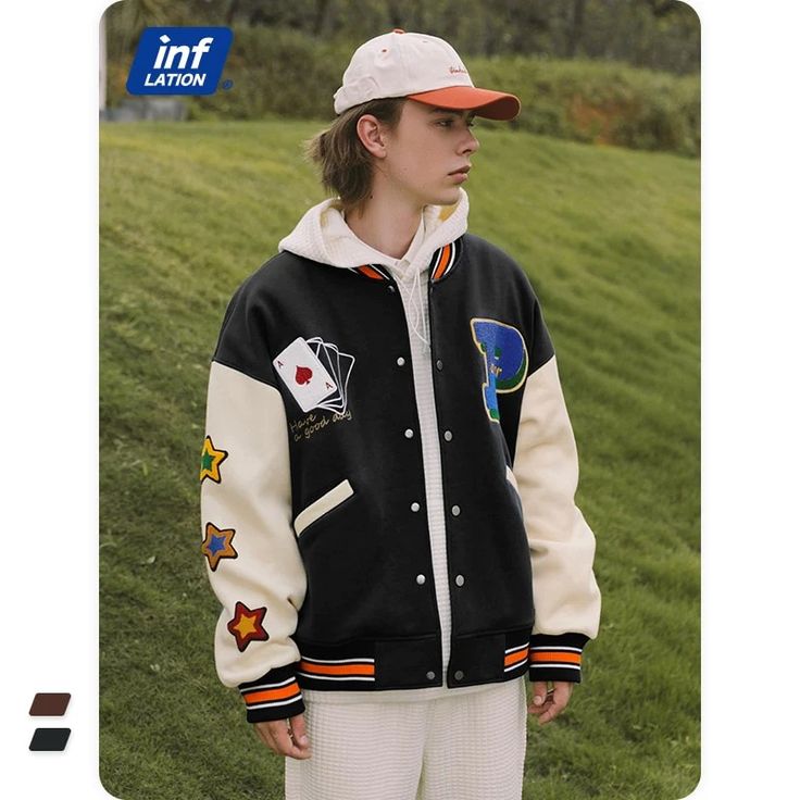 Poker Towel Embroidery Fleece Bomber Jacket – Eveyil Hooded Winter Outerwear With Embroidered Patch, Urban Embroidered Varsity Jacket For Winter, Hooded Outerwear With Embroidered Patch For Fall, Varsity Style Winter Outerwear With Embroidered Graphics, Hooded Winter Varsity Jacket With Patchwork, Varsity Winter Outerwear With Embroidered Graphics, Hooded Varsity Jacket With Patchwork For Winter, Casual Hooded Outerwear With Embroidered Patch, Winter College Outerwear With Embroidered Graphics