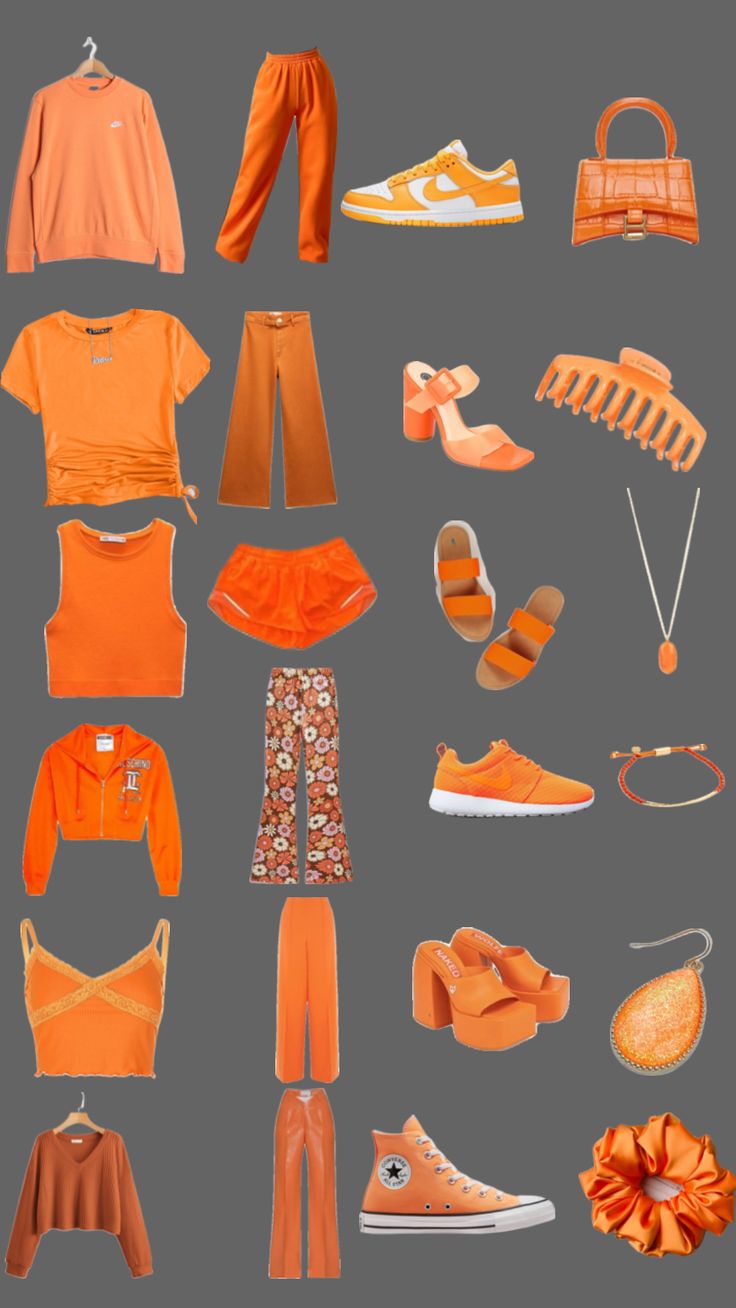 Which orange outfit (follow me on Pinterest) 🙃 Bright Orange Shirt Outfit, Orange And White Outfits For Women, Orange Clothing Aesthetic, Orange Inspired Outfits, Beifong Twins, All Orange Outfit, Yellow And Orange Outfit, Orange Aesthetic Outfits, Orange Fall Outfit