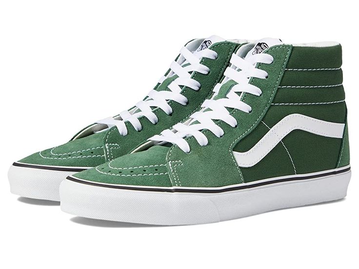 Vans SK8-Hi - Skate Shoes : Color Theory Greener Pastures : Keep it old school every step of the way with the classic Vans SK8-Hi skateboard shoes! High-top skate shoes with a classic silhouette and Sidestrap detail. Uppers of suede, leather, or canvas. Cotton drill lining. Padded collar for added comfort and support. Triple-stitch collar adorns collar. Die-cut EVA insert. Vulcanized construction: &amp,#8226, Slimmed-down profile offers a flexible feel. &amp,#8226, Gum rubber outsole with signature waffle tread provides superior grip and boardfeel. Imported. Measurements: Weight: 1 lb 2 oz Shaft: 6 1 2 in Product measurements were taken using size Men's 10, Women's 11.5, width Medium. Please note that measurements may vary by size. Classic Lace-up High-top Sneakers For Skateboarding, High-top Suede Skate Shoes With Laces, Sporty Suede Vans Skate Shoes, Urban Green High-top Sneakers For Skateboarding, Green Urban High-top Sneakers For Skateboarding, Green Suede Skate Shoes For Streetwear, Classic Skate Shoes With Laces For Streetwear, Classic Skate Shoes For Streetwear, Classic Lace Skate Shoes For Streetwear