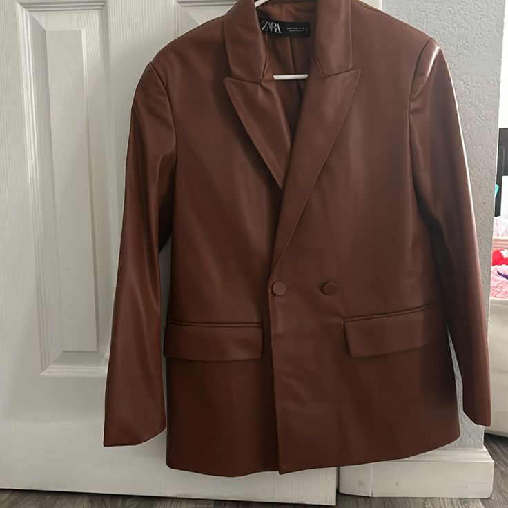 New Just Took Tags Off. Never Worn In Perfect Condition I Believe Zara Listed As The Color Carmel Or Tan? Trendy Brown Leather Jacket For Office, Zara Brown Spring Blazer, Trendy Brown Blazer For Fall, Zara Brown Blazer For Work, Classic Brown Zara Blazer, Zara Brown Blazer For Winter, Zara Brown Long Sleeve Leather Jacket, Casual Brown Zara Leather Jacket, Chic Brown Zara Leather Jacket