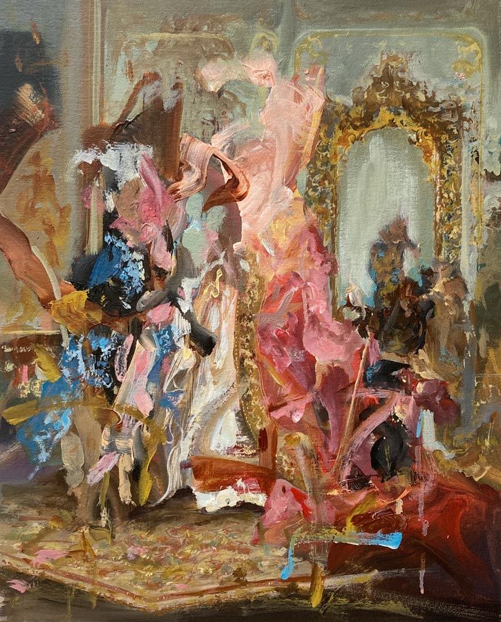 an oil painting of some people in front of a mirror and other things on the ground