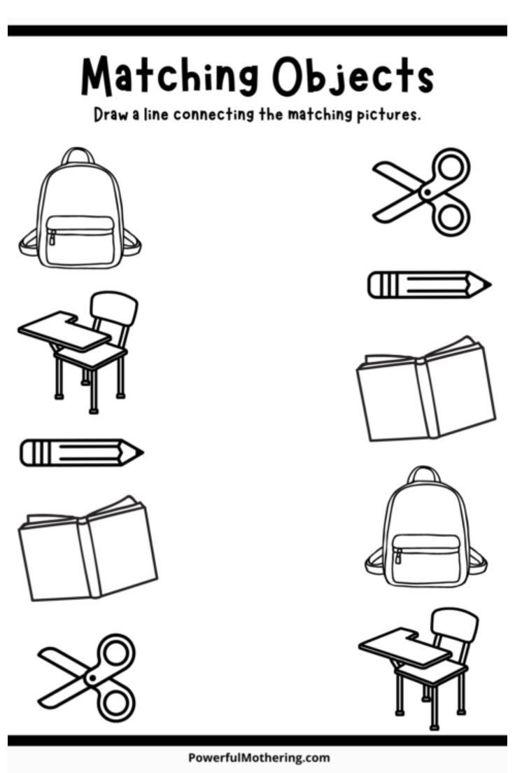 the matching objects worksheet for kids to learn how to use scissors and books