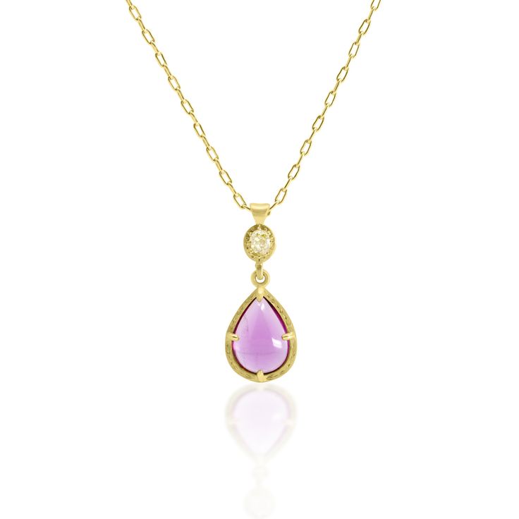 A gorgeous 2.49 ct Pink Tourmaline hand set in 18k Yellow Gold held in place with four delicate prongs. A single yellow diamond accents the pink tourmaline. 18k Yellow Gold Pink Tourmaline Yellow Diamond 16" 18k Yellow Gold Chain Satin Finish 2.49 ct Pink Tourmaline .14 ct Yellow Diamond Style gc469-11-1126 Formal Pink Sapphire Jewelry With Gemstones, Formal Gold Jewelry With Pink Sapphire, Gold Jewelry With Pink Sapphire For Formal Occasions, Elegant Tourmaline Gemstones As Gifts, Elegant Pink Sapphire Jewelry, Elegant Pink Sapphire Necklace For Formal Occasions, Elegant Pink Sapphire Jewelry With Gemstone, Formal Yellow Gold Tourmaline Jewelry, Elegant Tourmaline Gemstones For Gifting