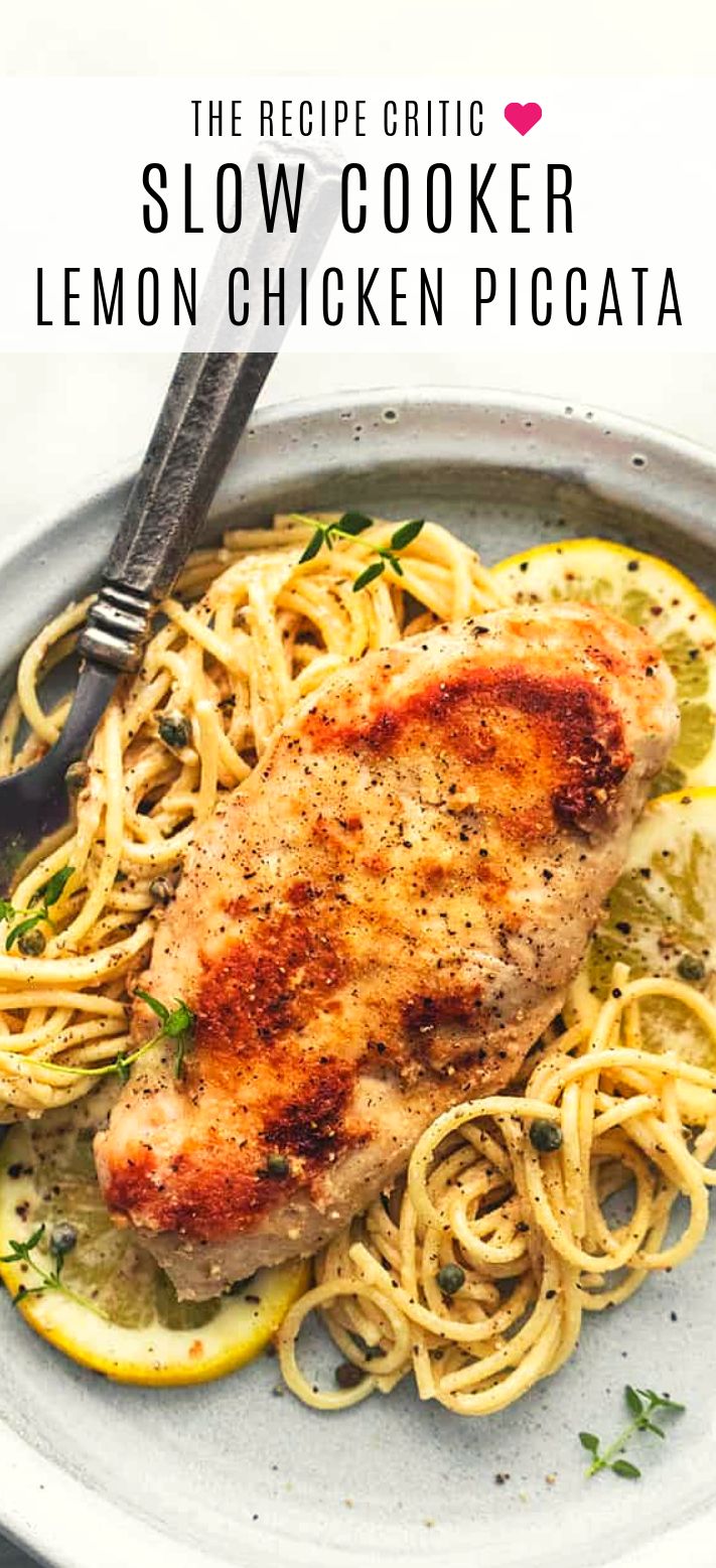 the recipe for slow cooker lemon chicken piccata is shown on a plate