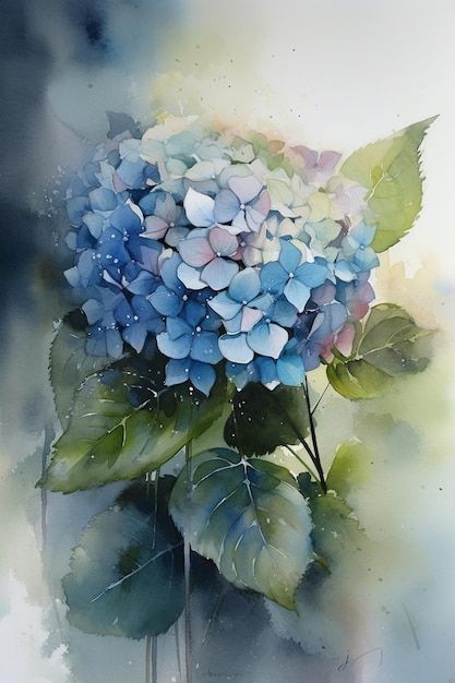 a watercolor painting of a blue hydrangea