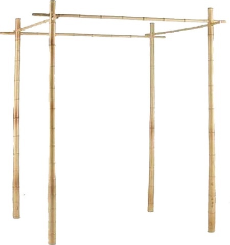 a wooden structure with four posts and two poles attached to the top, against a white background