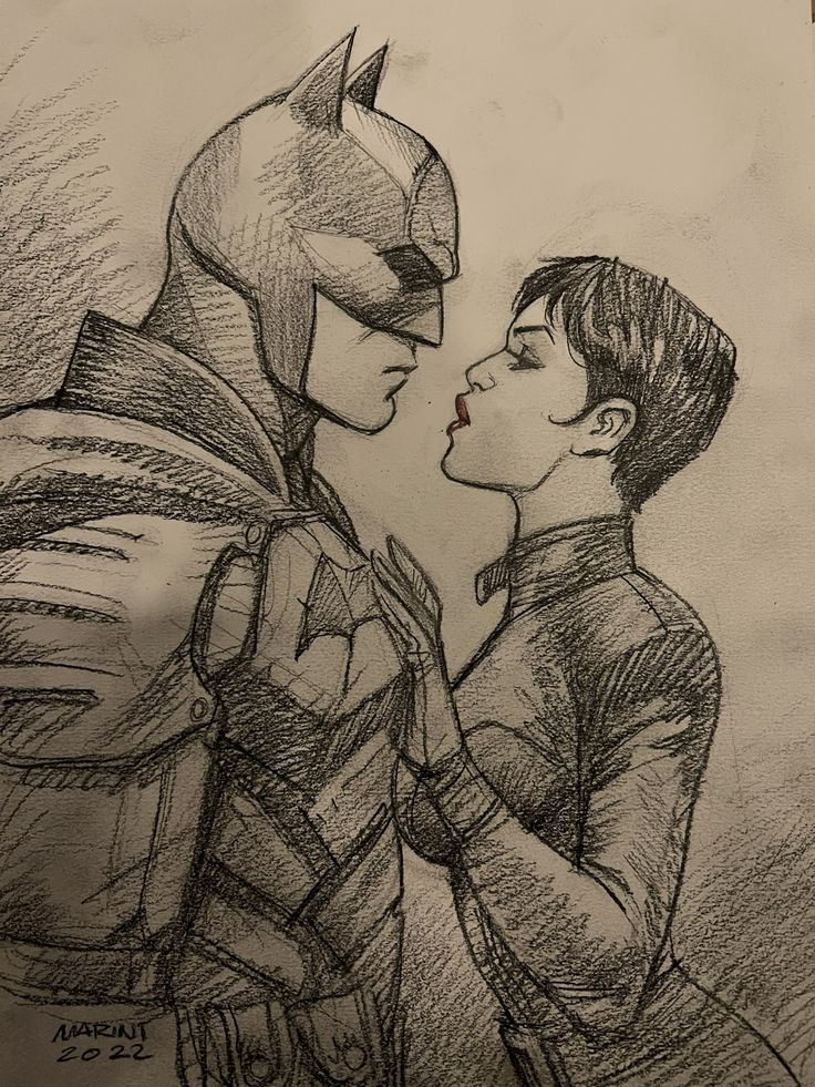 a pencil drawing of two people in batman costumes, one is kissing the other's forehead