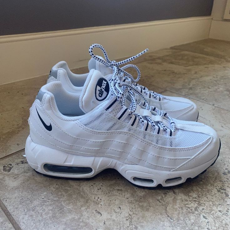 Launched In 2015, The Air Max ‘95 In White & Black Are A Classic Nike Sneaker Giving 90s Vibes Worn By Celebrities Like Bella Hadid (Shown Wearing In Pictures) Worn 1x- The Shoes Are Brand New With No Signs Of Wear Except Slight Marking On Bottom Sole Of Shoe. Pictures Are Accurate With No Smudges Or Markings On The White Shoe Itself Mens Size 6=Women’s Size 7.5 Shoe Pictures, Shoes Brand, Man Sneakers, 90s Shoes Sneakers, Shoes White, Nike Outfit, Nike Tn Shoes, Nike Air Max 90 Outfit, Air Max 95 White