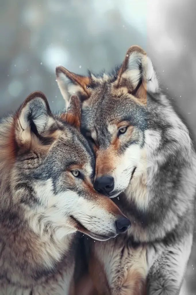 two gray wolfs standing next to each other with their eyes closed and noses close together