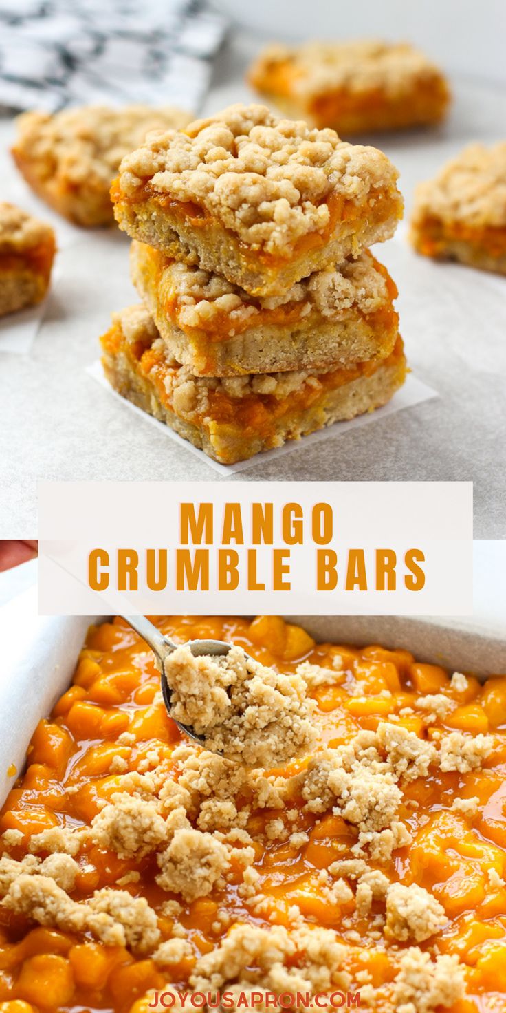 mango crumblebars are stacked on top of each other and ready to be eaten