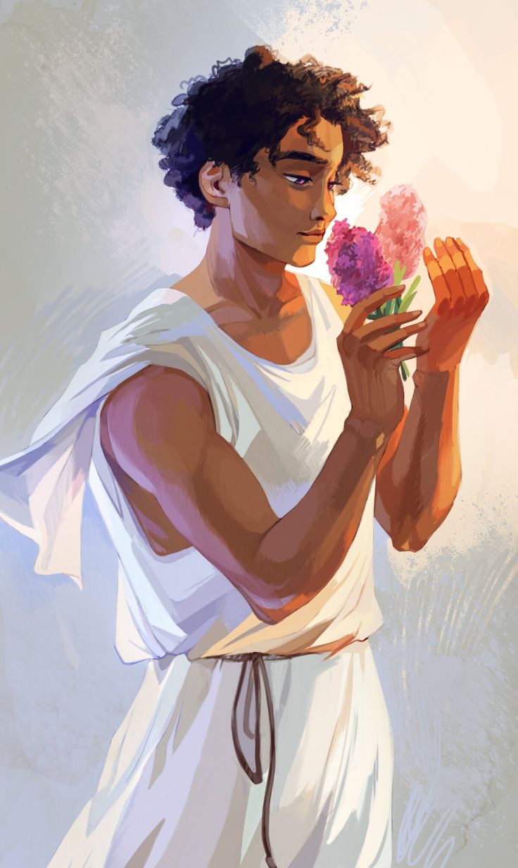 a painting of a man holding flowers in one hand and wearing a white shirt on the other