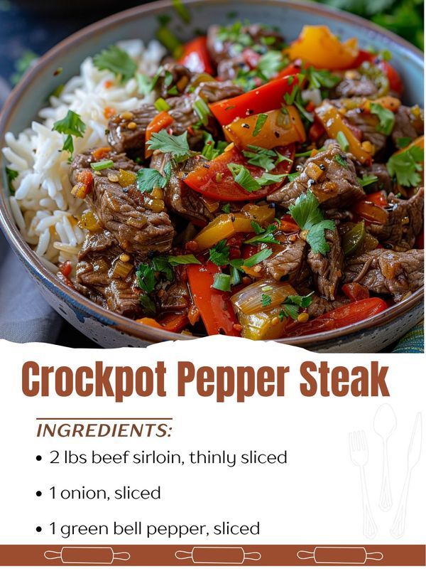 the recipe for crockpot pepper steak is shown in a bowl with rice and vegetables