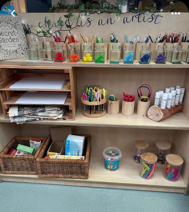 the shelves are filled with different types of crafting supplies and crafts for kids to make