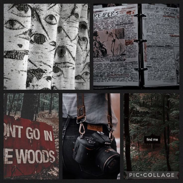 the collage has pictures of trees, people and words on them in black and white