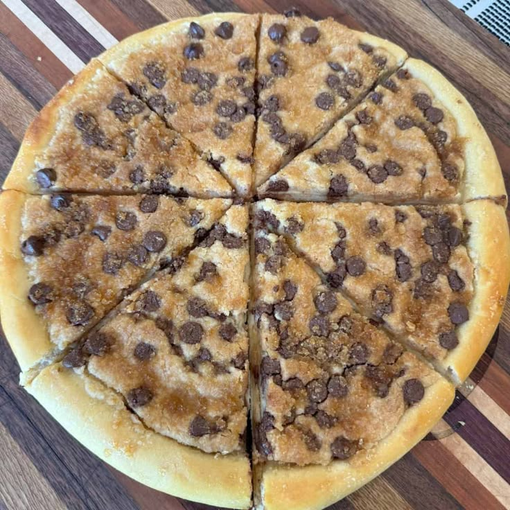 a chocolate chip pizza cut into eight slices