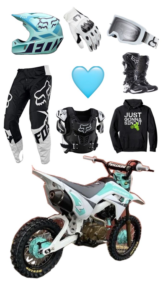 an assortment of dirt bike gear including helmet, gloves and boots