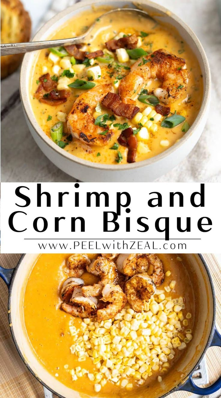 shrimp and corn bisque with text overlay