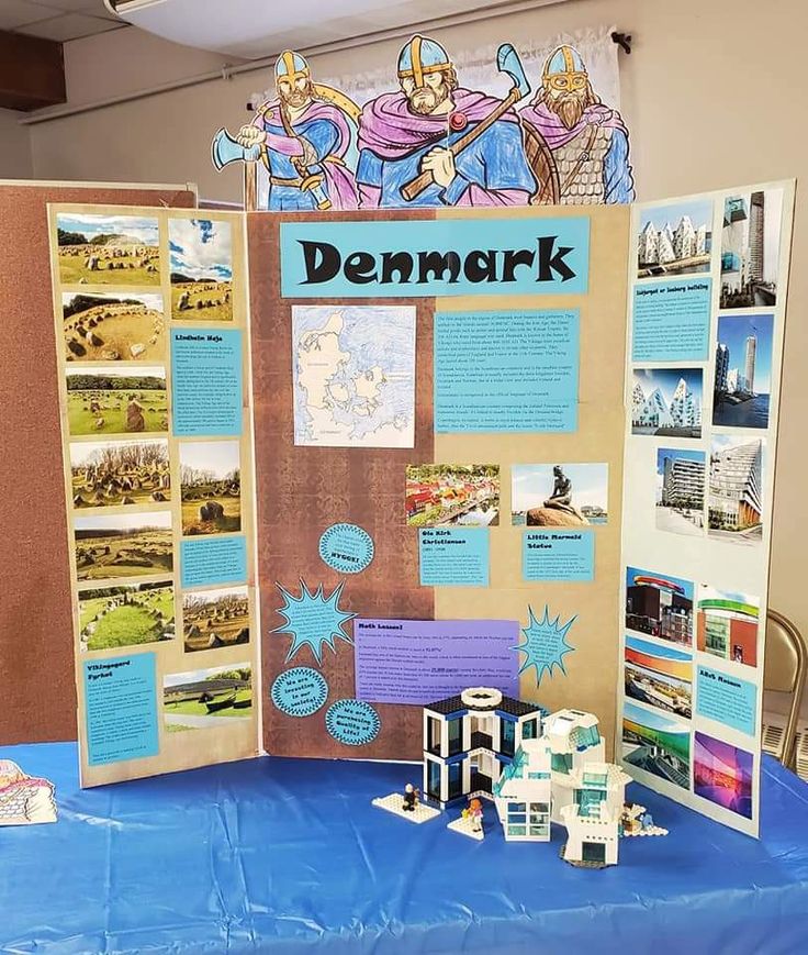 a table with a poster on it that says dennark and some buildings are in the background